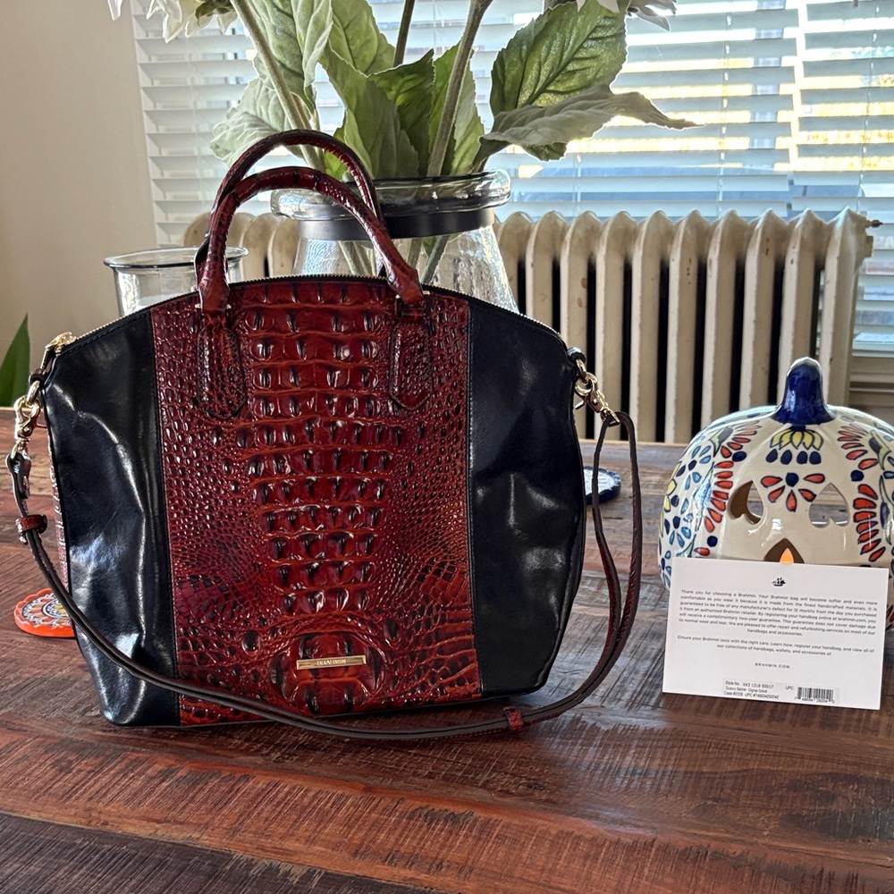 Brahmin Red and Black Crocodile Embossed Satchel